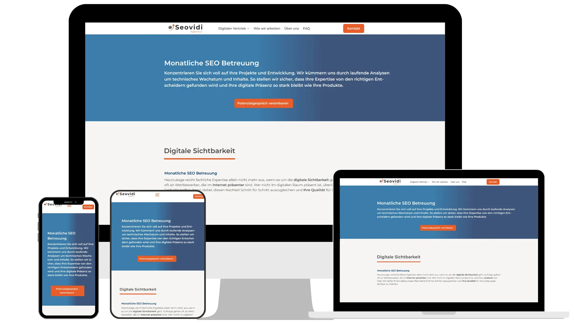 Die Visualisierung des Responsive Designs der SEOVIDI-Agentur sorgt auf Laptop, Tablet und Smartphone für eine optimale Darstellung auf allen Endgeräten.