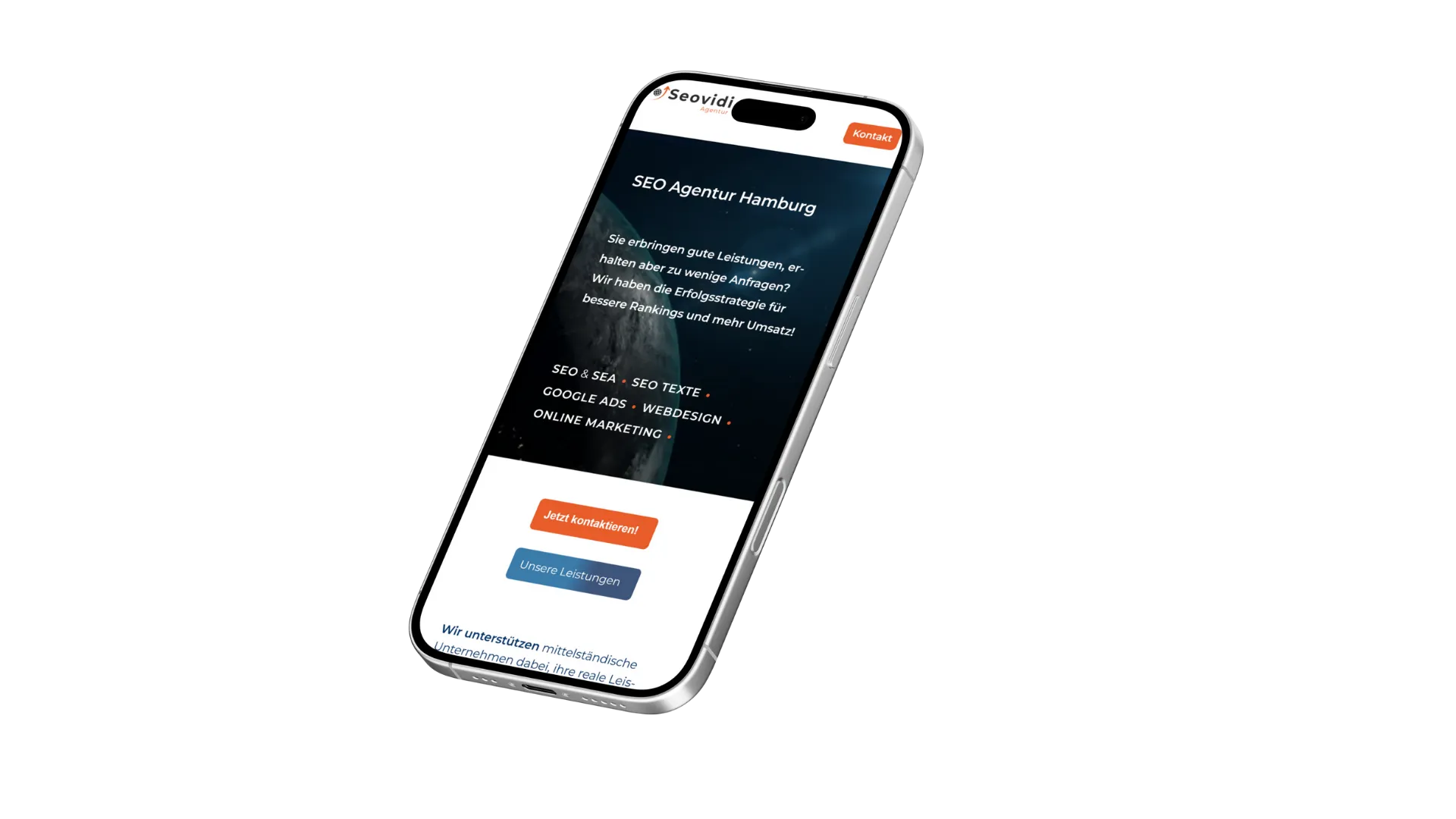 Smartphone-Mockup der mobiloptimierten Startseite nach einem SEO-Relaunch zur Steigerung der digitalen Sichtbarkeit.