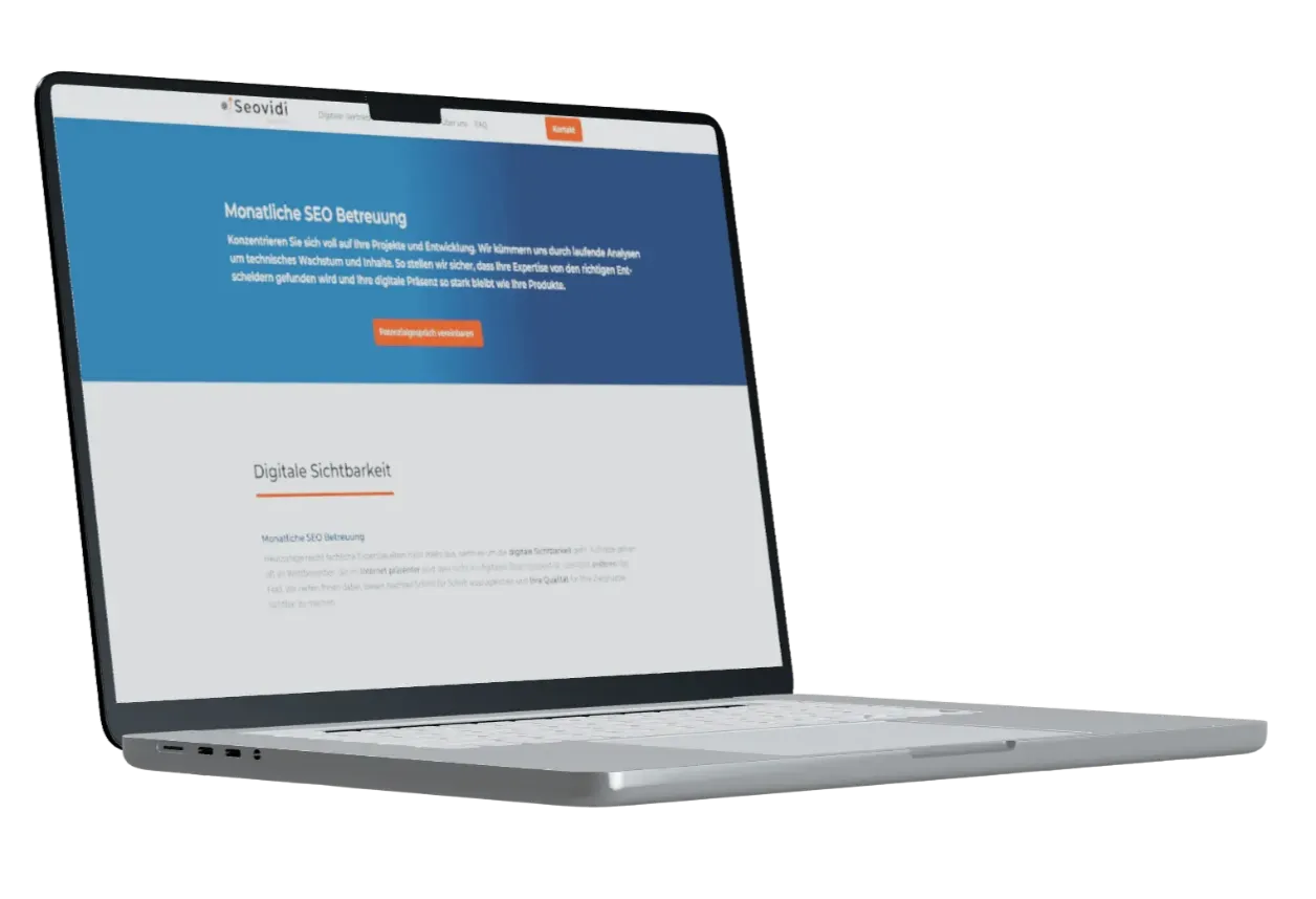 SEO Texte schreiben lassen. Laptop-Mockup zur Veranschaulichung einer sauberen Inhaltsstruktur für SEO-Blogartikel und fachliche Kenntnisse.