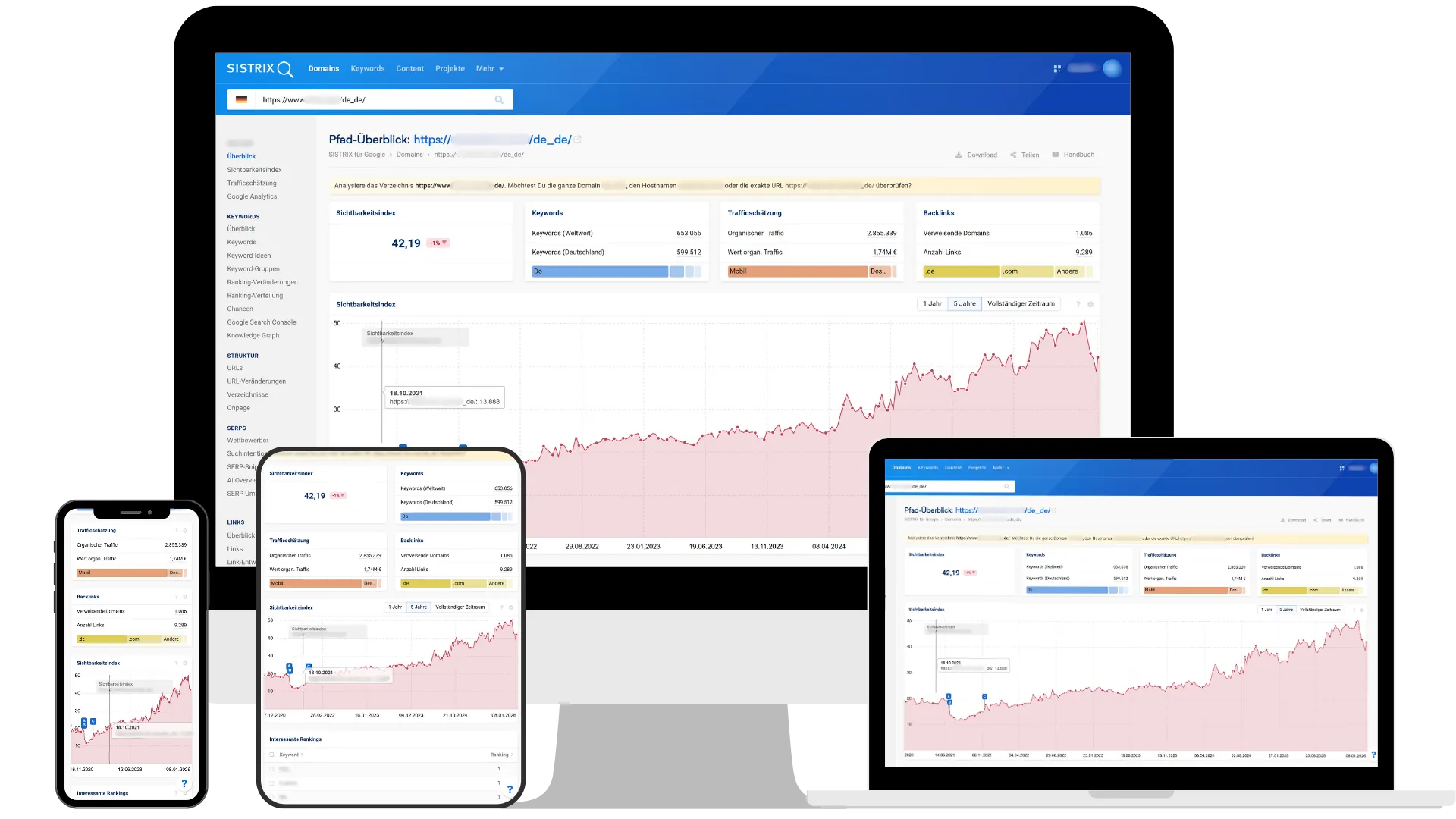 Mockup von Monitor, Laptop, Tablet und Smartphone zur Veranschaulichung professioneller SEO-Analyse-Werkzeuge und transparenter Reporting-Standards.