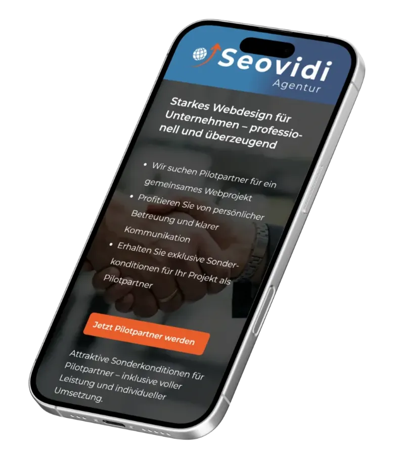 Smartphone-Mockup der Seovidi-Webseite zur Demonstration von responsivem Webdesign und nutzerzentrierter Gestaltung.