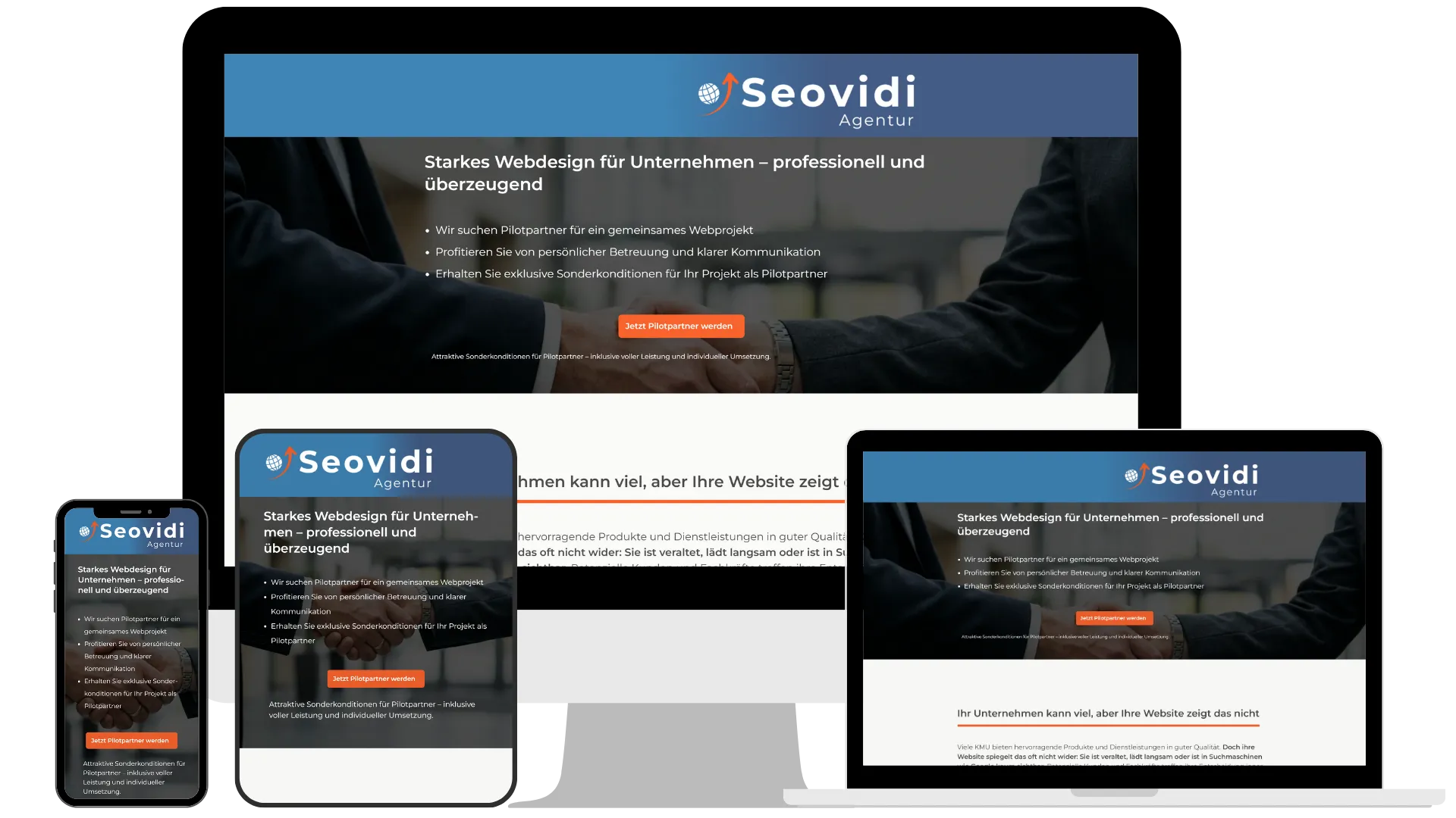 Beispiel für SEO-optimiertes Webdesign: Ein Mockup-Set zur Veranschaulichung der häufigen Fragen zu Webdesign für Unternehmen auf allen Endgeräten.